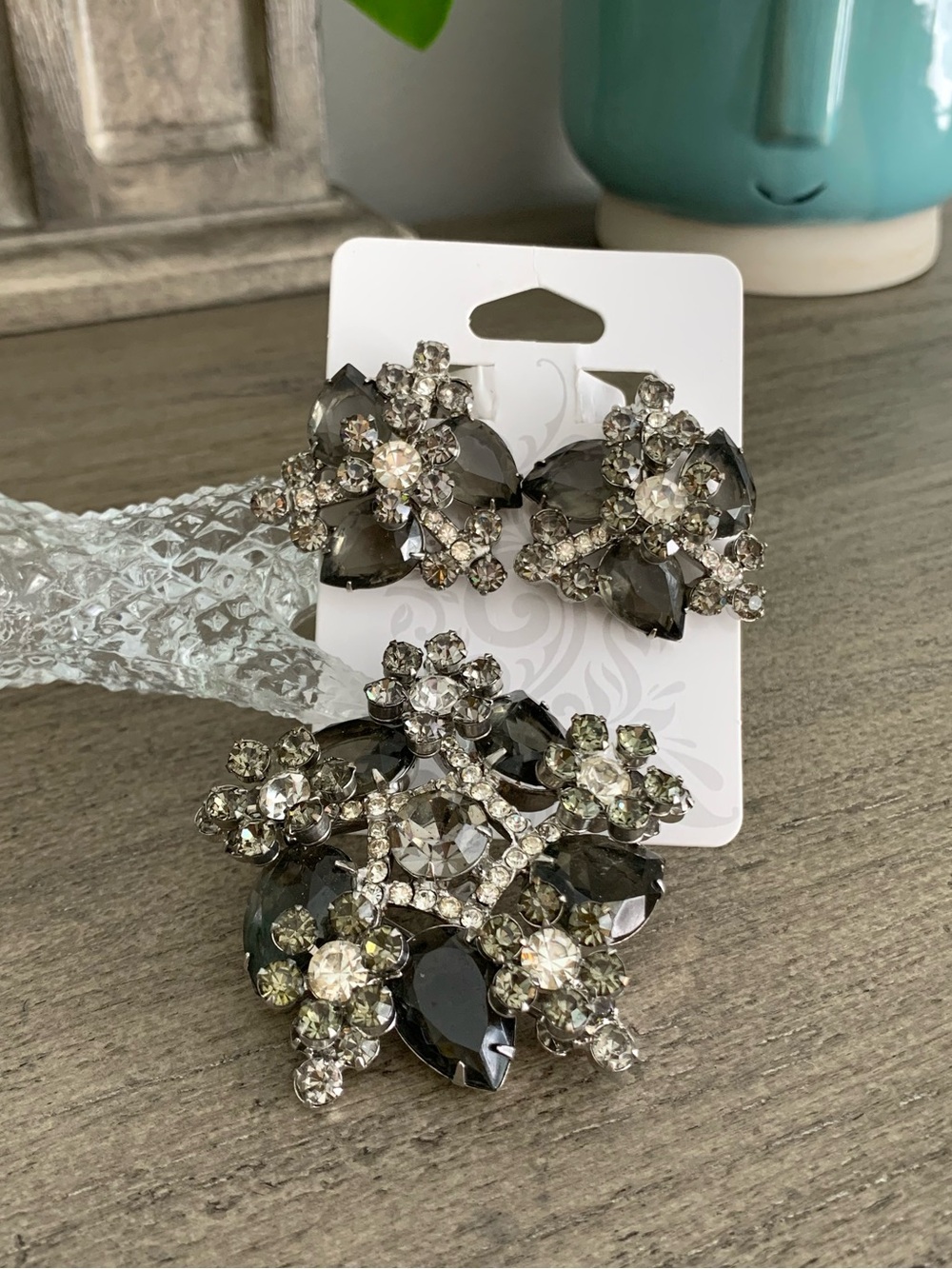 Juliana D&E DeLizza Elster Black Diamond Florette Pear Brooch Earrings Demi Set